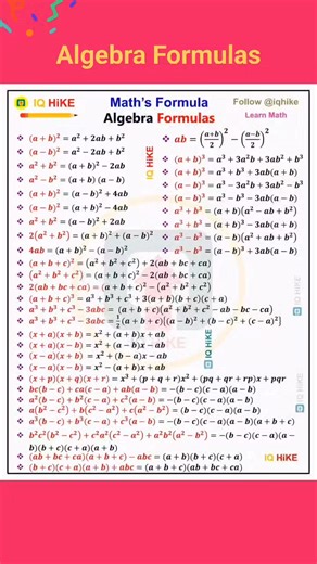 1.3M views · 13K reactions | All formulas of Algebra : Math's Formulas #uppsc #BPSC #ssccgl #education #EducationMatters | IQ HIKE | Facebook