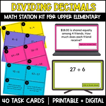 Dividing Decimals Task Cards | 5th Grade Math Stations | Printable + Digital