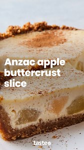 Buttery Anzac biscuits make the most delicious crust for the tangy baked apple and sour cream filling. It’s the perfect combo of sweet, creamy and tangy. 👌For the full recipe, Google 'Taste Anzac apple buttercrust slice'. Recipe by @elisa_pie #slicerecipe #appleslice #easybaking #anzacbiscuits #bakinghacks #slice | Taste.com.au