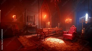 An antique vampire castle is set in an elegant Victorian living room for adventure games. Castle of Dracula vampire of Transylvania. AI-generated and Halloween theme and horror background.