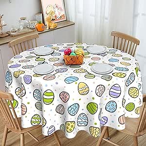 Easter Tablecloth Round 60 Inch - Eggs Seamless Tablecloths Waterproof Table Cloth Washable Spring Farmhouse Table Cover for Easter Table Decorations