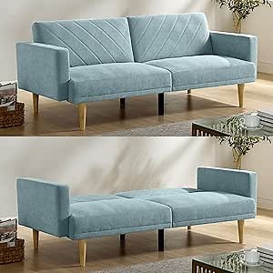 Comfy Velvet Futon Sofa Bed with Adjustable Backrest, Loveseat Sleeper Sofa Can be Converted Into a Single Bed, Small Futon Couch for Living Room Bedroom Small Space (Blue)