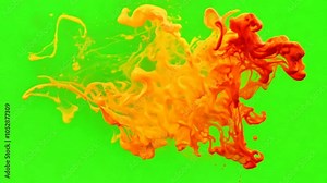 Abstract Ink Explosion: A vibrant burst of yellow and orange ink swirls and dances in a mesmerizing green screen backdrop, offering endless possibilities for creative visual effects and compositing.