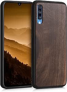 kwmobile Real Wood Case Compatible with Samsung Galaxy A70 Case - Hard Wooden Cover w/TPU Bumper - Dark Brown