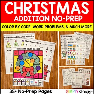 Christmas Addition Worksheets, No-Prep Christmas Math Printables Kindergarten