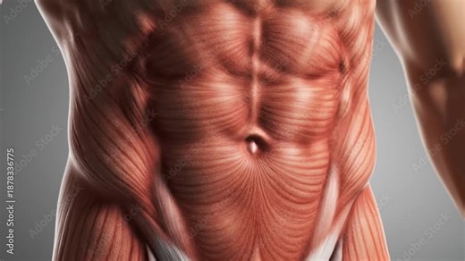 Detailed muscular structure of a male torso with exposed abdominal muscles in a close-up view