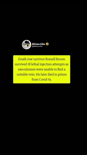 𝐓𝐇𝐄 𝐄𝐂𝐇𝐎 𝐅𝐑𝐎𝐌 𝐀𝐅𝐑𝐈𝐂𝐀 🗣️🎙️ on Instagram: "Romell Broom was an Ohio death row inmate who survived a botched lethal injection attempt in 2009 after technicians failed to find a suitable vein following 18 needle sticks. He died in prison from complications of COVID-19 on December 28, 2020. Details on the case: Failed execution: The 2009 execution was called off by then-Governor Ted Strickland after two hours of unsuccessful attempts to establish an IV line. During the ordeal, Broo