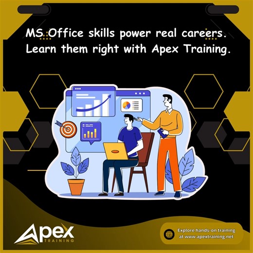 Apex Training on Instagram: "🧠 MS Office isn’t “basic” — it’s essential. Excel, PowerPoint, Outlook, and Teams power modern workplaces. 💼 These are the tools employers expect you to know on Day 1. 📈 Work faster, smarter, and with more confidence. 👉 Train with Apex at www.apextraining.net #ApexTraining #MicrosoftOfficeTraining #CareerSkills #WorkplaceSkills #ExcelTraining #PowerPointTraining #OutlookTips #TeamsTraining #Upskill #WorkSmarter"