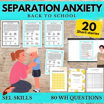 Back To School Separation Anxiety Short Stories W/ Question Worksheet SEL Autism