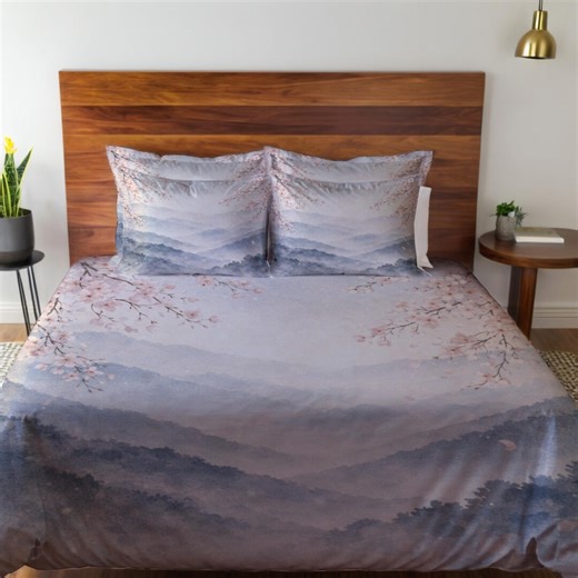 Japanese Mountain Bedding Set – Sakura Landscape Duvet Cover, Comforter & Pillow Shams, Serene Asian Watercolor Bedroom Decor - Etsy