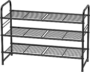 3 Tier Shoe Rack, 32.5" Wide Stackable Sturdy Metal Shoe Shelf Storage Organizer with Height-Adjustable for Entryway, Closet, Black
