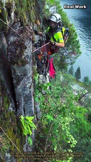 절벽 위 위험한 낙석을 지렛대로 제거하는 현장 #worker #process #rockscaling #safety #slope