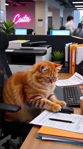 Fluffy Orange Cat Working Like a Real Office Employee!