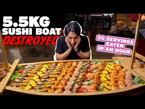 GIANT 5.5KG (12LBS) SUSHI BOAT EATING CHALLENGE! | $388 - 20 SERVINGS OF SUSHI ROLLS EATEN SOLO?!