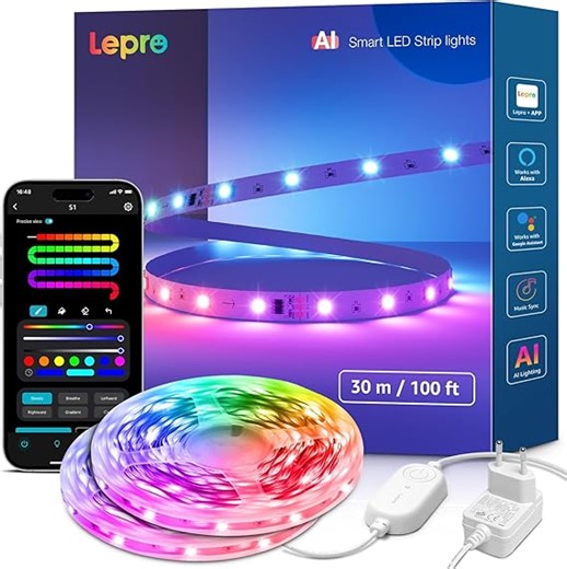 Lepro AI LED Streifen S1, MagicColor RGBIC 30M Smart LED Strip mit Personalisierter KI-Lichtdesigner, Musik-Sync, App-Steuerung kompatibel mit Alexa&Google Assistant, LED Lichterkette für Party&Gaming