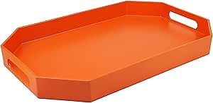 Orange Octagonal Serving Tray with Handles for Coffee Table, Plastic Decorative Tray for Ottoman, Kitchen Counter, Living Room, Outdoor Lacquer Tray for Entertaining