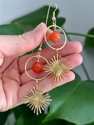 Solara Earrings | Tangerine Quartz Sunburst Earrings | Handmade Boho Brass Earrings | 14k Gold Filled | One of a Kind - Etsy
