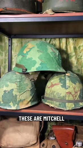 This is the Mitchell pattern helmet cover. It was first designed during the Korean War and used as shelter half camouflage in 1953. It wasn’t until 1959 that the pattern was used as a helmet cover. They were used from that point through into the 1980s as the primary camouflage for the US Army and USMC. | past.wars.collecting