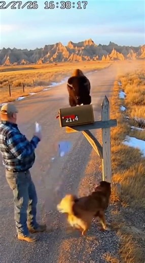 Bison Charges Mailbox While Dog Saves Owner! 🦬🐕 #viral