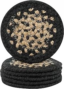 Manchester Jute Braided Rope Coasters 4", Country Primitive Decor, Set of 6, Black and Tan - Durable, Absorbs Moisture, Easy to Clean and Protects Furniture