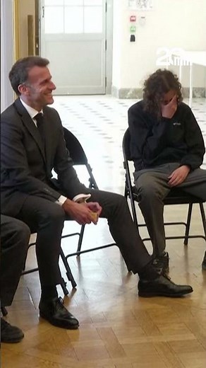 A student teases Emmanuel Macron by saying "for sure" to the President