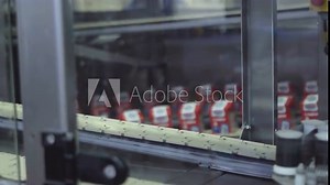 Packs With Dairy Food Moving On Conveyor Belt At Production Factory. Dairy Food On Conveyor Belt At Industrial Plant. Manufacturing Of Dairy Food. Conveyor Belt Equipment For Products Transportation.