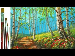 How to Paint Landscape with Birch Tree Forest and Flowers in Acrylic