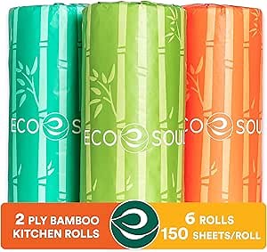 Eco Soul Bamboo Paper Towel Set Of 6 Rolls |150 Sheets Per Roll | Ultra Absorbent, Eco-Friendly, Sustainable, Food Safe Kitchen Paper Towel