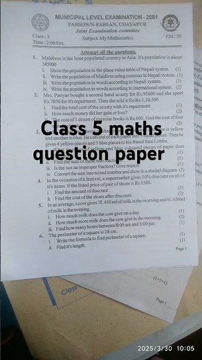 class 5 final term maths question paper 2081#maths