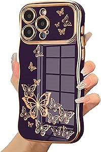 ZTOFERA for iPhone 14 Pro Max Case for Girl Women, Cute Curly Wave Frame with Luxury Plating Butterfly Pattern, Soft TPU Shockproof Raised Lens Protection Phone Case for iPhone 14 Pro Max,Dark Purple | Luxury Plating Butterfly Pattern for Women Girls | Golden Edge Soft TPU Bumper | Full-Coverage Protective Soft Phone Cover