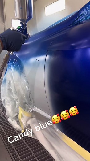 Blue Car Painting Process in a Professional Booth