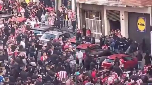 Shock moment 'Rangers fans' attacked by Bilbao ultras in brutal street rammy