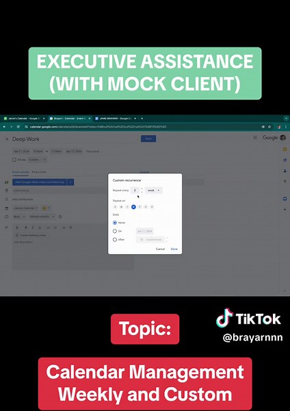 Replying to @MJ Creating weekly and customized recurring calendar entries for Jamie! ✨ #executiveassistance #executiveassistant #virtualassistant #jamiebrayarn #calendarmanagement #calendartutorial #tutorial #careertok #edutok #phfreelancers #brayarn