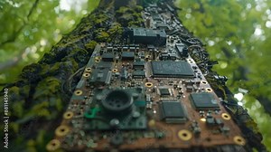 Computer components integrated into a tall tree blending technology with nature. Concept Technology, Nature, Integration, Tree, Computer Components Stock Video