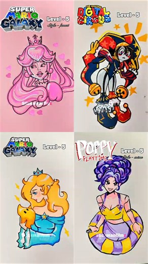 Drawing Rosalina, Lily, Poppy, Pomni in different Levels #drawing #art #shorts #howtodraw