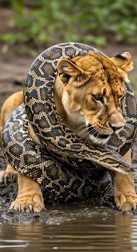 Will the python manage to swallow the lion? 🐍 Epic wildlife showdown #nature #wildlife #python