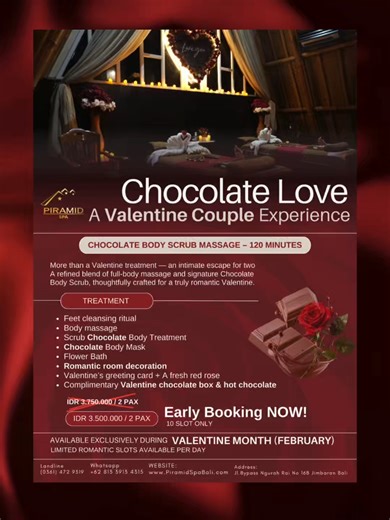 Surprise your partner with a romantic escape at Piramid Spa Bali 💑✨ Enjoy a soothing couple massage, sweet chocolate indulgence, and a beautifully decorated romantic room — perfect for unforgettable moments together. 📍 Jimbaran, Bali 📲 Book now via WhatsApp 62 813 3913 4315 Limited slots every day — reserve yours today. #PiramidSpaJimbaran #valentinespackage #romanticroomdecor #couplespa #coupletreatment