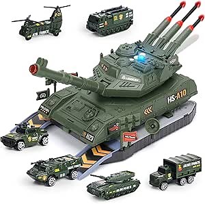 Tank Toy Sets for Kids, Military Transport Tank with 6PCS Mini Alloy Diecast Army Vehicles, Realistic Sound Light & Rotating Turret Launcher, Military Playset Gift for Boys 3-7 Years Old