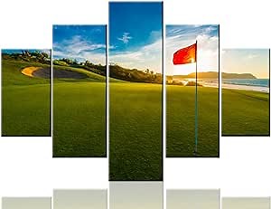 Golfing Pictures for Living Room Golf Course Scenery Paintings Red Flag Artwork 5 Piece Canvas Wall Art HD Prints Contemporary House Decoration Wooden Framed Gallery-Wrapped Ready to Hang(60''Wx40''H)