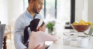 Freelancing dad using his laptop while being disturbed by his daughter. Loving dad showing his daughter something online while working from home. Energetic little girl learning about parents job