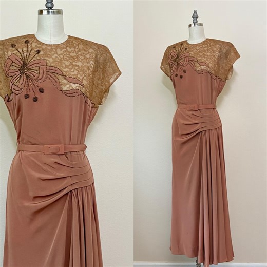 Vintage 1940s Beaded Cocktail Dress, 40s Draped Tan Clay Rayon Evening Dress With Lace Bodice, Fall Fashion - Etsy