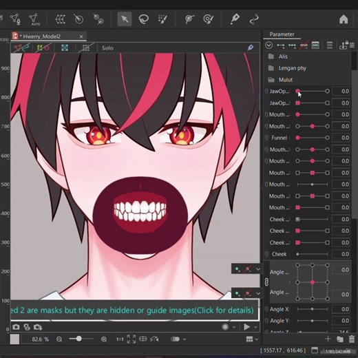 Live2D rigging process for an Vtuber's teeth and mouth. It highlights adjustments to parameters like 'JawOp' and 'Angle' to create realistic mouth opening, closing, and subtle shape changes!Tags: wip, mouth, angle, male vtuberty fot posting in @live2dtree