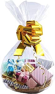 Wowfit Cello Bags,10 CT 24x30 inches Clear Cellophane Bags Perfect for Gift Baskets, Presents, Weddings, Bridal/Baby Showers and More (Flat, No Gusset, Ribbon Not included)