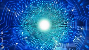 Fly through data stream. Loop. Clip contains data, data stream, transfer, communication, circuit board, calculating, network, computer, information, cyberspace.