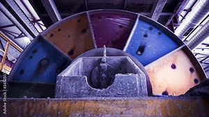 Rotating tanks in factory. Stock footage. Rotating turbines and tanks for processing raw materials at plant. Large steel tank rotates stirring raw material