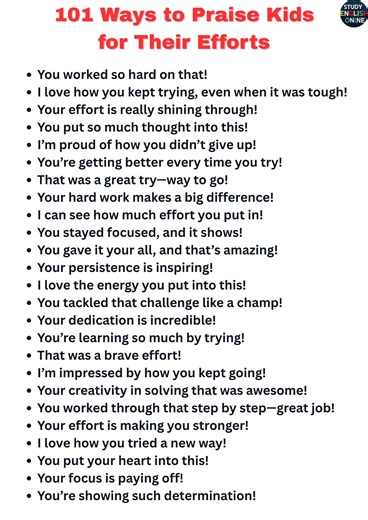 6.7K views · 75 reactions | 101 Ways to Praise Kids for Their Efforts #PraiseKids #EffortMatters #GrowthMindset #BuildConfidence #PositiveParenting #KidsMotivation #EncourageKids #ParentingTips #RaiseResilientKids #CelebrateEffort #LearnEnglish | STUDY English Online | Facebook