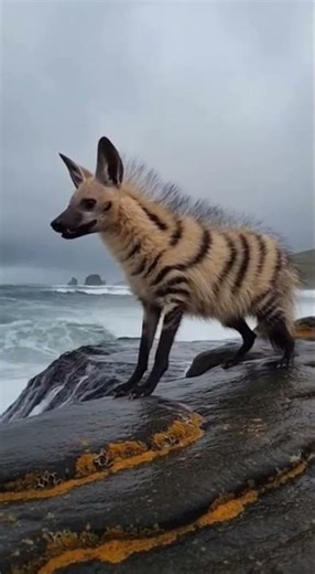 Aardwolf vs Desert Locust on the a rocky Cape shoreline with pounding surf