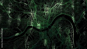 Zoom in road map of Cincinnati Ohio with green glowing roads on a black background. Stock Video