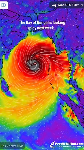 The forecast for the Bay of Bengal next week is looking fiesty. The latest GFS map is showing up to 82-knot sustained winds 💨 We’ll be watching this one closely over the next few days. | PredictWind