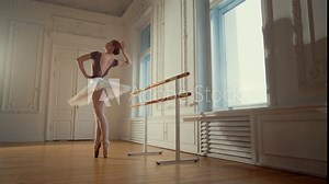 Professional young ballerina in rehearsal room, graceful figure in tutu. Classic music and ballet dance, woman practicing dancing on pointe shoes on parquet, slow motion shot, beauty and art concept